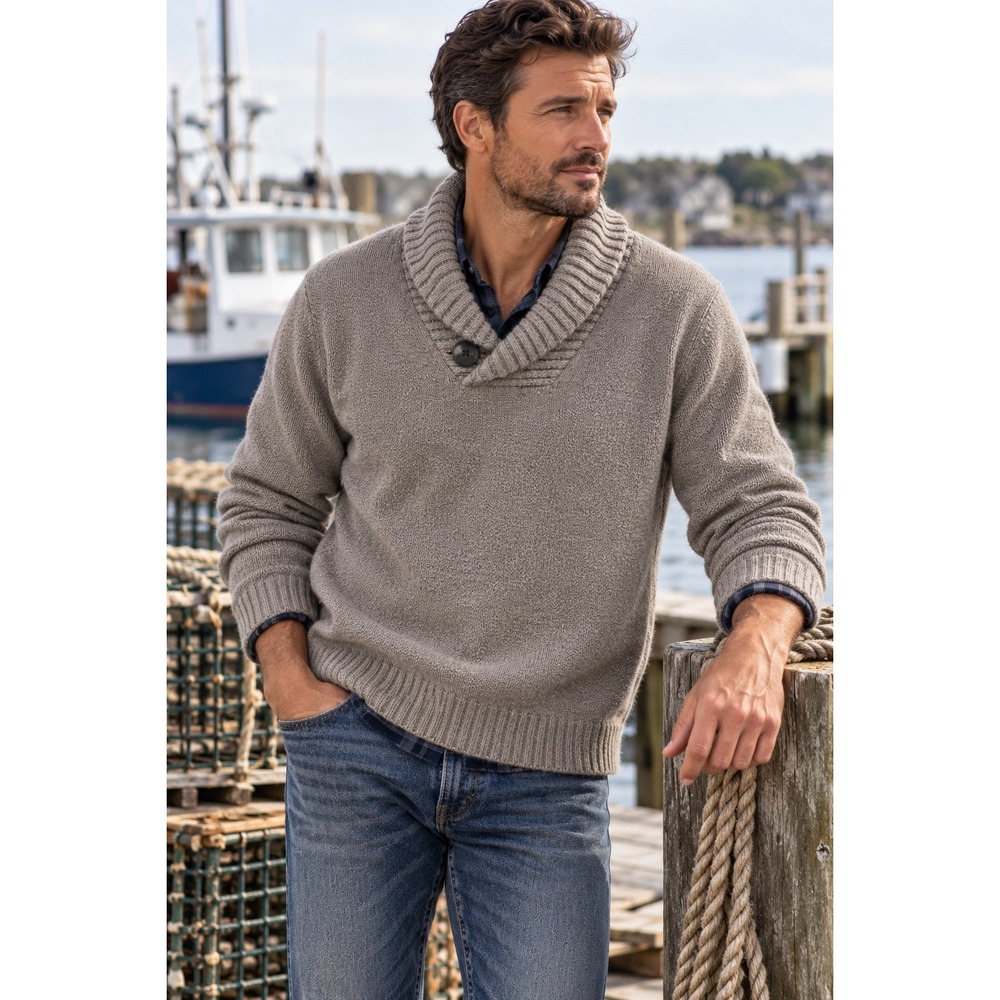 Even Tide Mens Shawl Collar Knit Sweater Heathered Gray NWT Fisherman Pullover